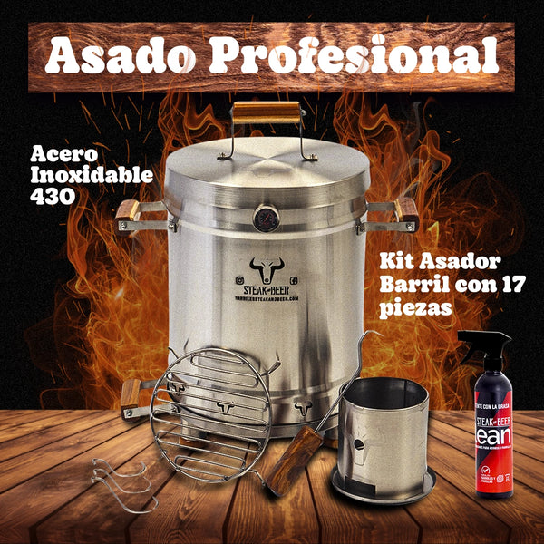 Asador Premium Acero Inoxidable 17 Piezas -  Barril Gourmet  [¡Gana 1 Spray Desengrasante de Regalo!]